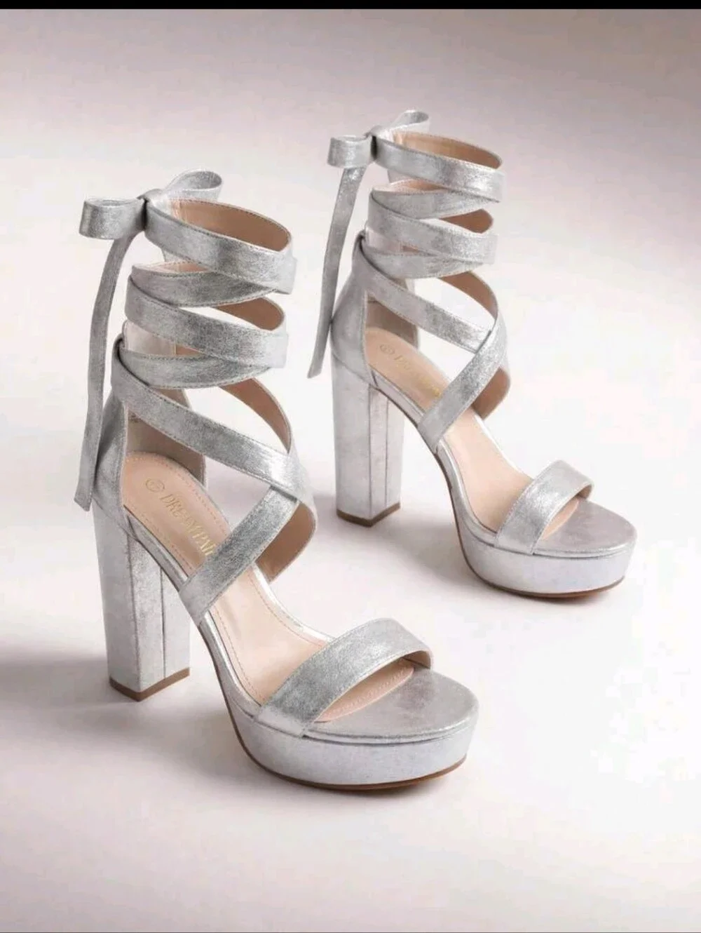 Silver Lace-Up Platform Heeled Sandals